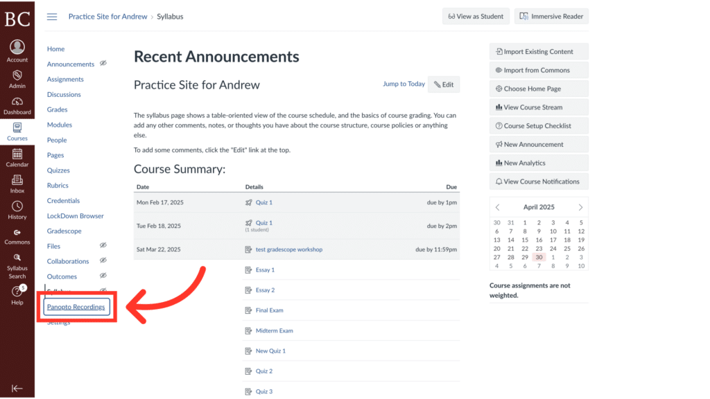 A webpage displays course announcements, summaries, and links for assignments. A red arrow highlights "Recent Feedback." The sidebar features navigation options.