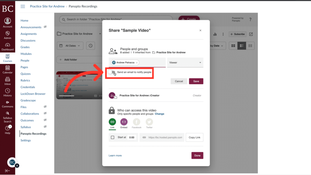 A webpage showing sharing options for a video with email notification enabled. Red arrow highlights the "Send an email to notify people" option.
