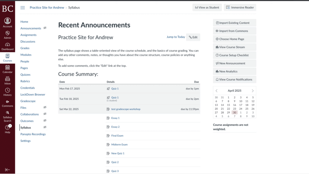 A course management webpage shows recent announcements, assignments, calendar, and navigation panel, with options to import content and view analytics.