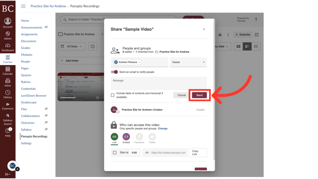 A computer screen displays a video sharing interface with options to select people, add messages, and send content. Red arrow points to "Send" button.