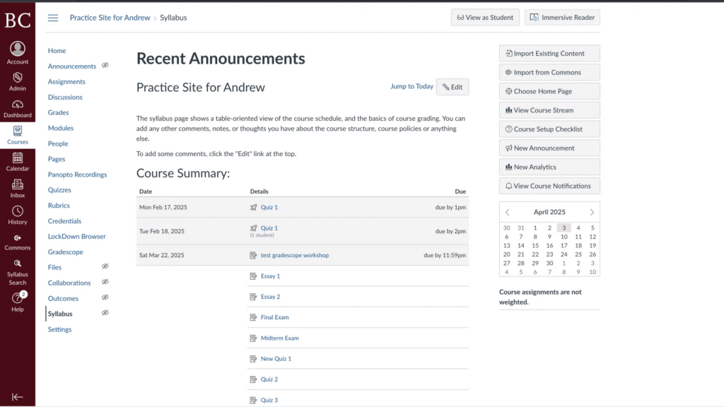 A university course website displays recent announcements, course summary, and calendar. Menu options include modules, grades, and collaborations. Interface design is clean and structured.