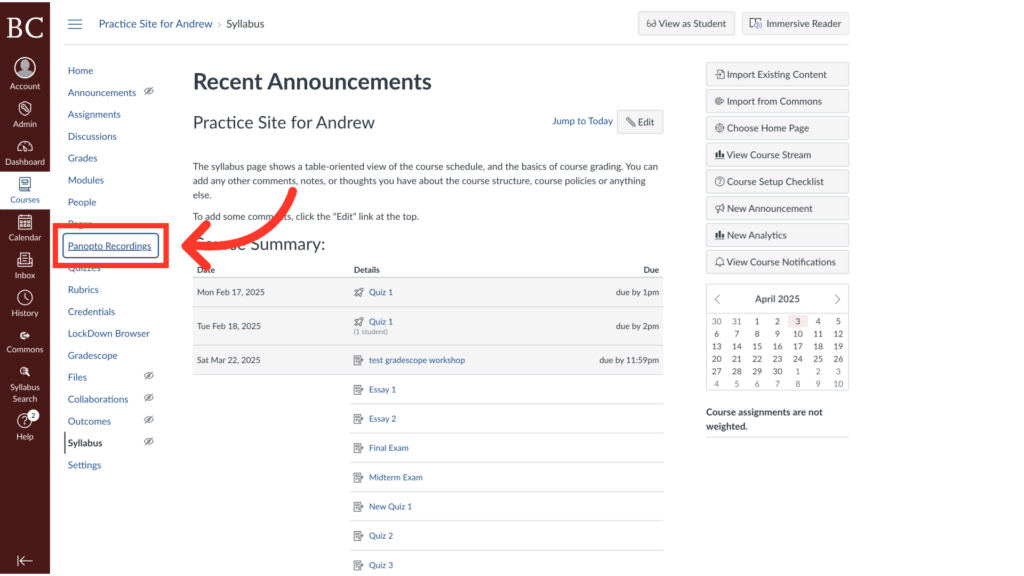 Screenshot of an online course platform page showing course announcements, assignments, and a calendar for April 2025. Arrow highlights "Pronunciation Exercise."