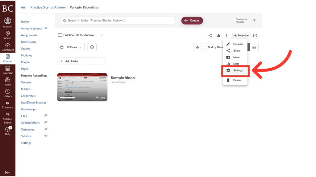 A screenshot of an online platform interface showing video management options, with a red arrow pointing to the "Settings" menu.