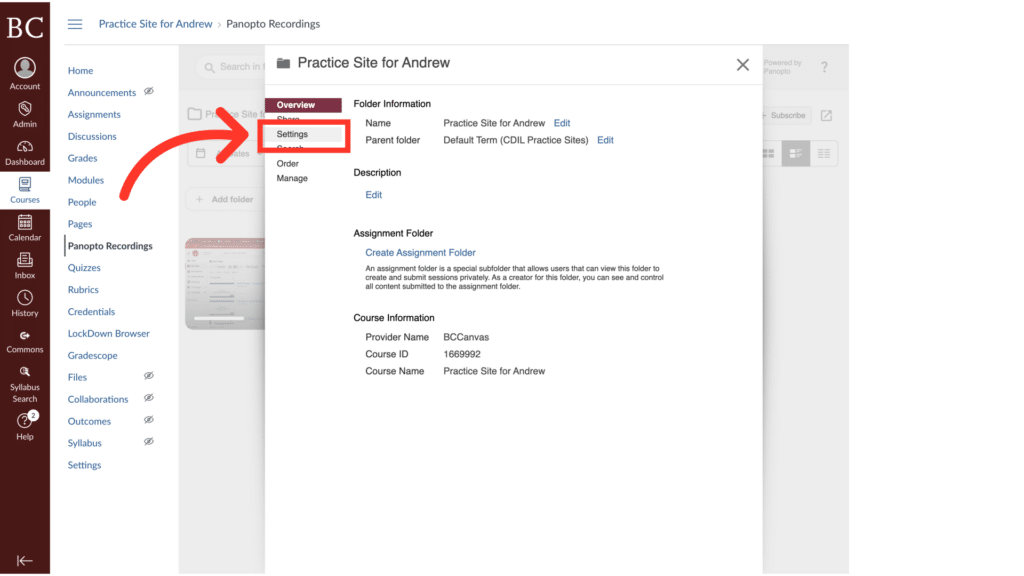 Screenshot of an online educational platform interface highlighting the "Settings" tab with a red arrow and a visible sidebar navigation menu.