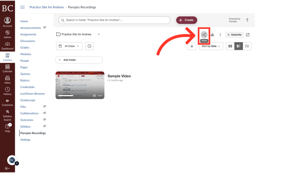 A screenshot of an online educational portal displaying videos and options, with a red arrow pointing towards the video recording button.