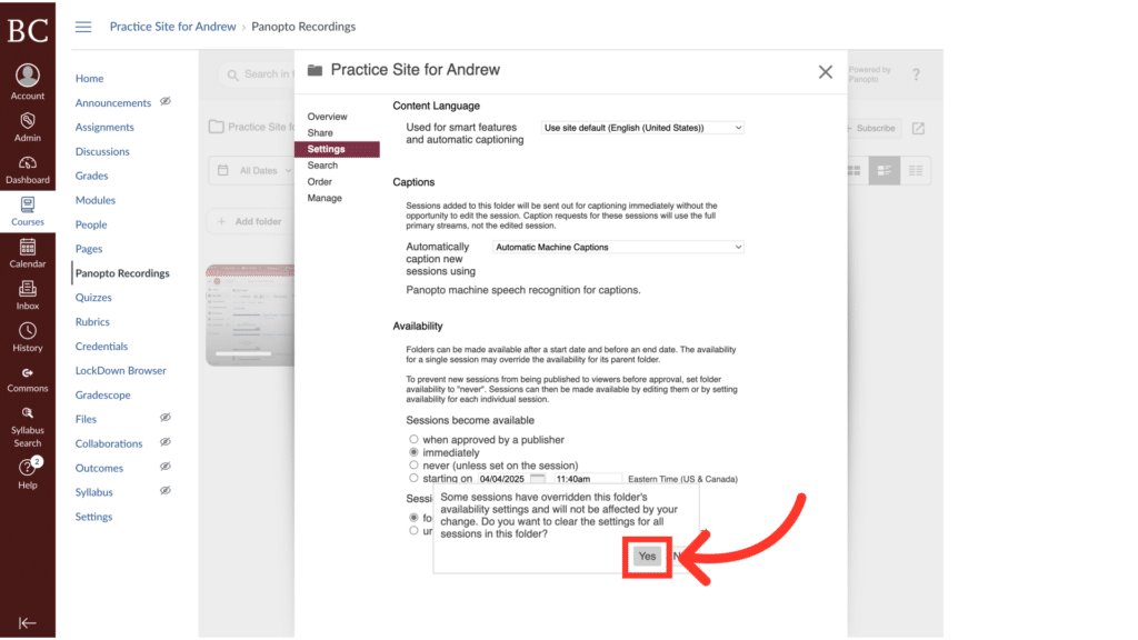 A screenshot of a computer interface showing settings for a practice site, with a red arrow pointing to a checkbox labeled "Save."