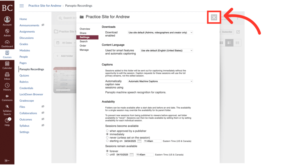 Screenshot of a browser window showing a settings page for "Panopto Recordings" with options for downloads, language, and captions. Red arrow indicates top right corner.