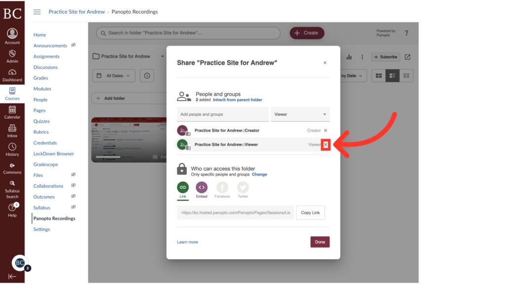 A computer interface shows a sharing settings dialog for "Practice Site for Andrew." An arrow points to a red cross icon next to a user group.