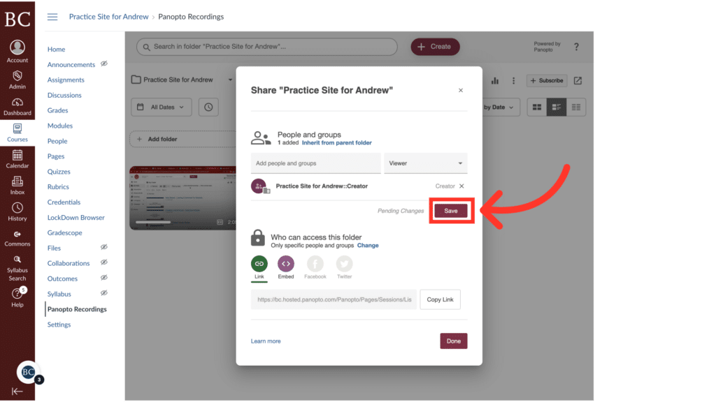 A computer screen displays a sharing interface for "Practice Site," highlighting "Save" with a red arrow. Options for people and group access are visible.