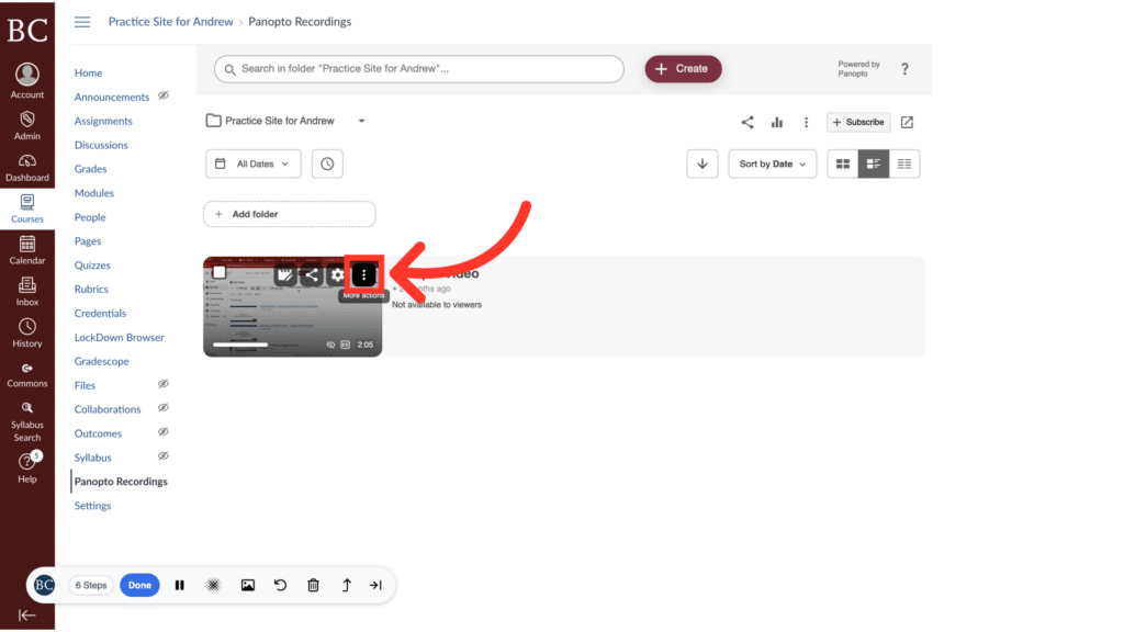 Screenshot of a web page showing a video titled "Practice Site for Andrew" in Panopto Recordings, with various menu options visible on the left.