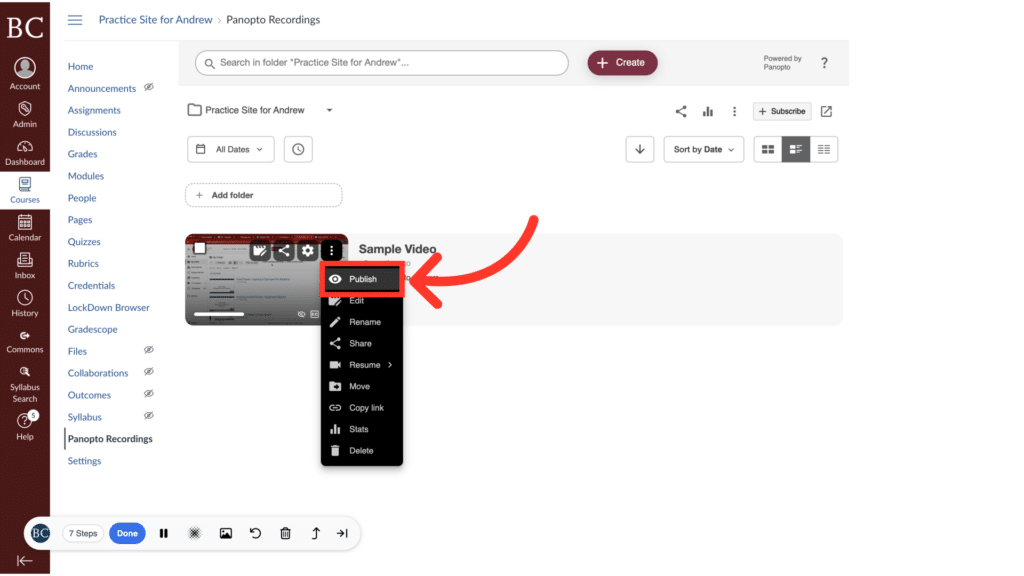 Screenshot of a website interface showing video management options. A red arrow highlights the "Publish" button from a dropdown menu on the screen.
