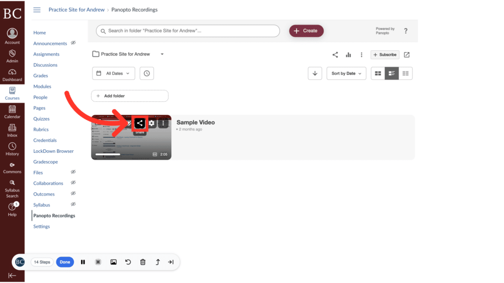 Online learning platform interface displaying navigation menu and a sample video with a red arrow indicating playback options.