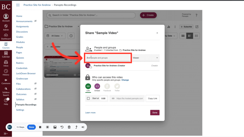 The image shows a screen capture of a video sharing interface on a website. It features sharing settings and options for viewers and groups.