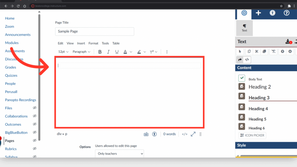 A screenshot displays a learning management system interface with navigation on the left, text editor in the center, and content layout options on the right.