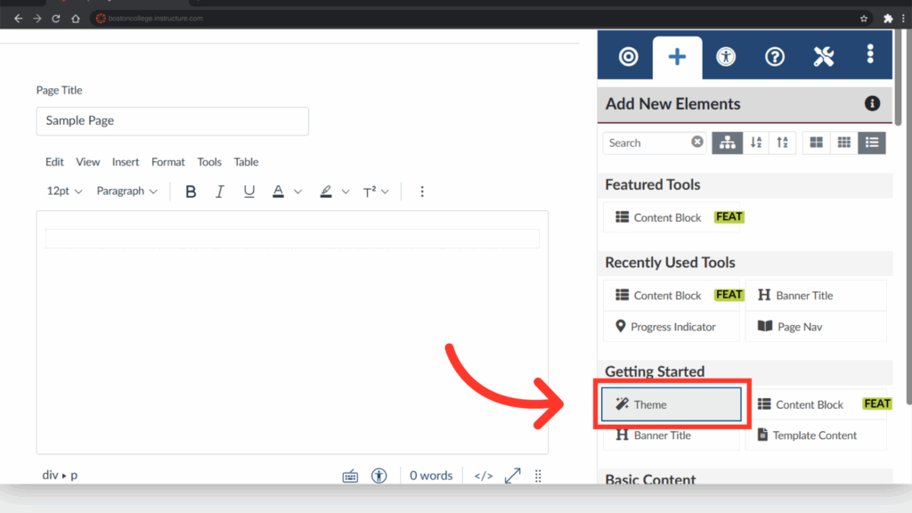 Screenshot of a website editing interface. Page title and text editor are visible. Arrow points to "Theme" button in the "Getting Started" section.