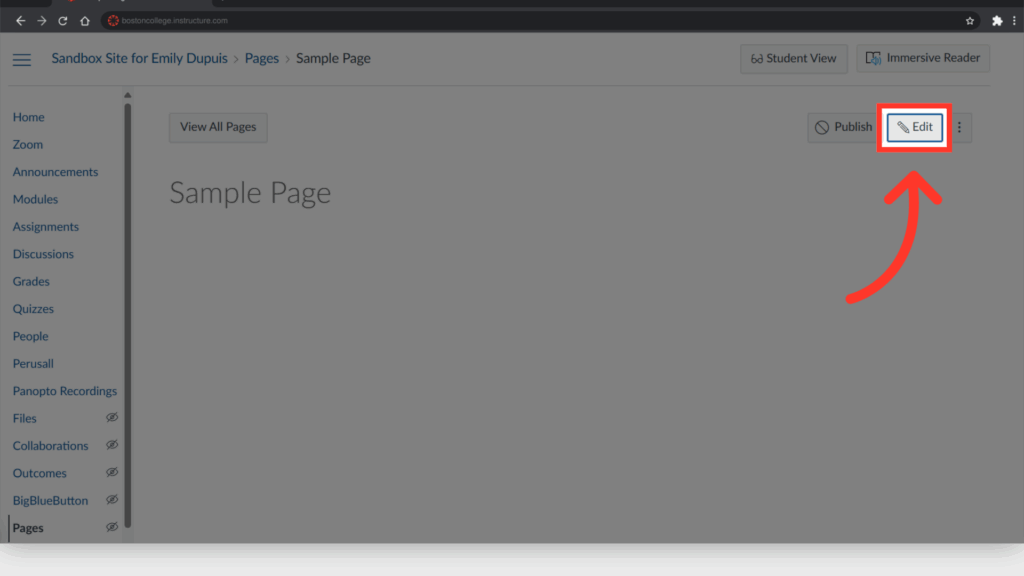 Screenshot of an online platform's interface, showing a "Sample Page" with navigation links and an arrow pointing to the "Edit" button.