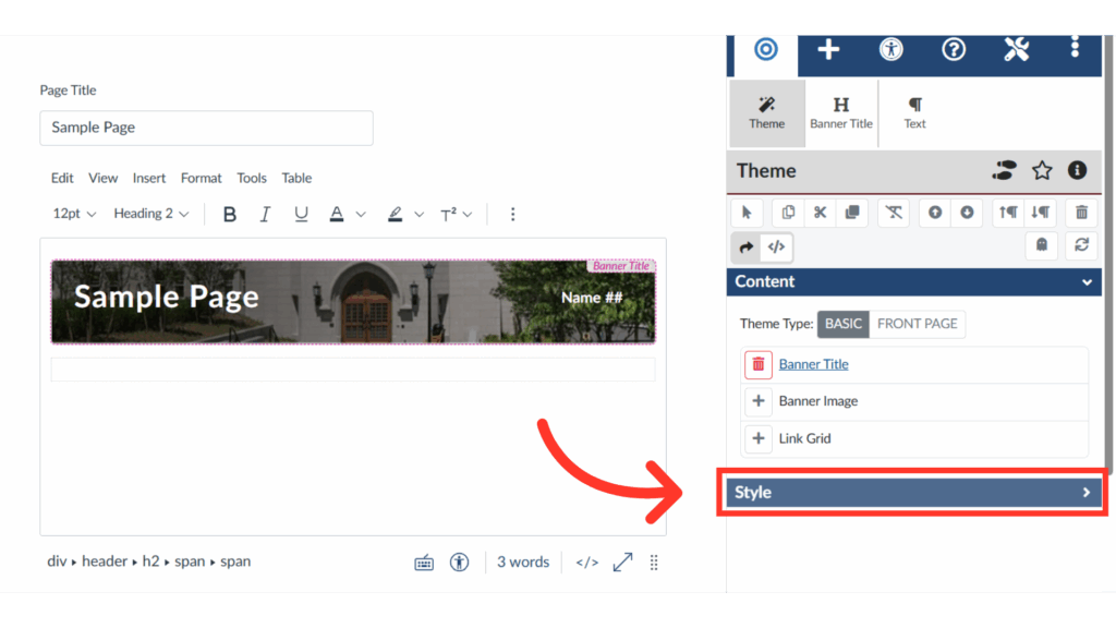 A webpage editor interface displaying options for page title, text editing, and theme customization with a sample banner image and style selection highlighted.