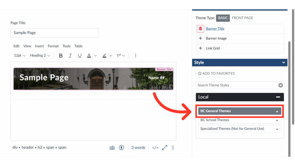Editing interface displaying a "Sample Page" banner with options for themes and styles, highlighting "BC General Themes" under the Local category.