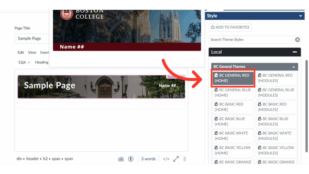 A webpage design interface showing Boston College theme options, with a red arrow highlighting a "General Red" theme selection.