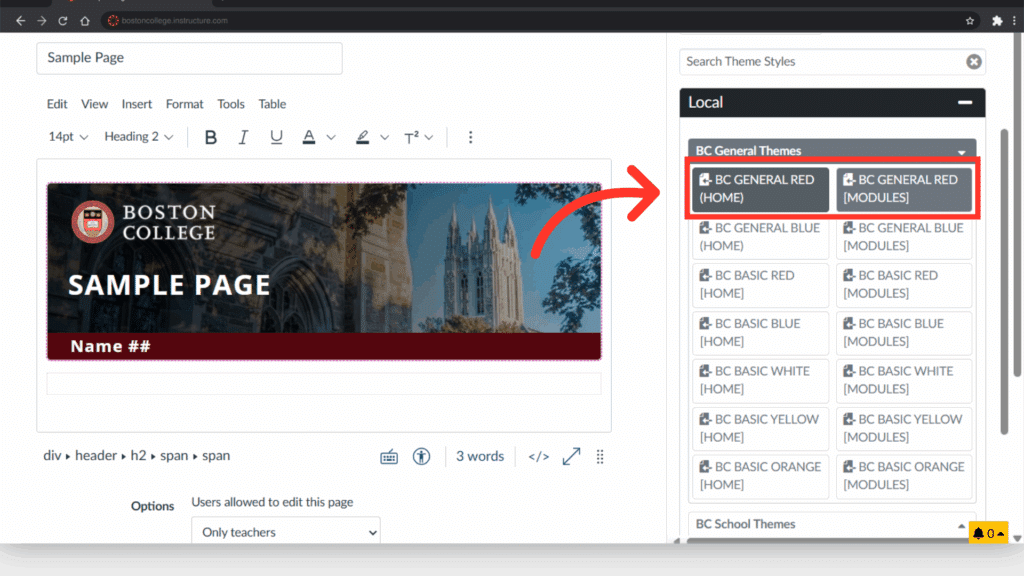 A webpage editing interface displays a Boston College sample page featuring Gasson Hall. Various theme options are visible on the right.