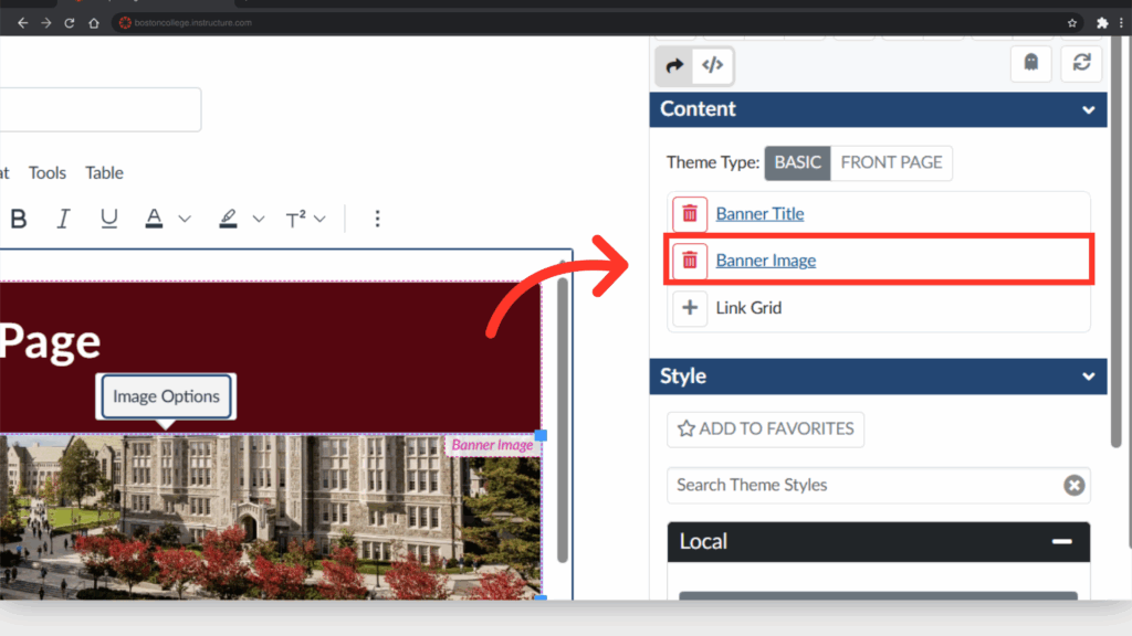 Web editing interface showing instructions to change a banner image. It includes a preview of a historic building, possibly a university.