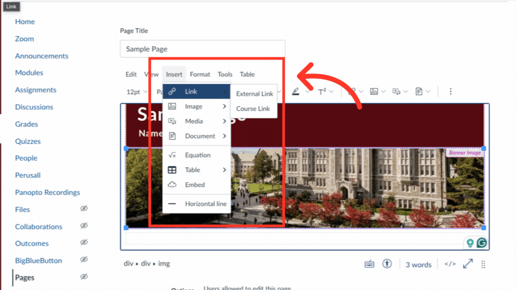 Screenshot of a webpage editor with insert menu open, featuring options like Link and Media, and a campus building in the background.