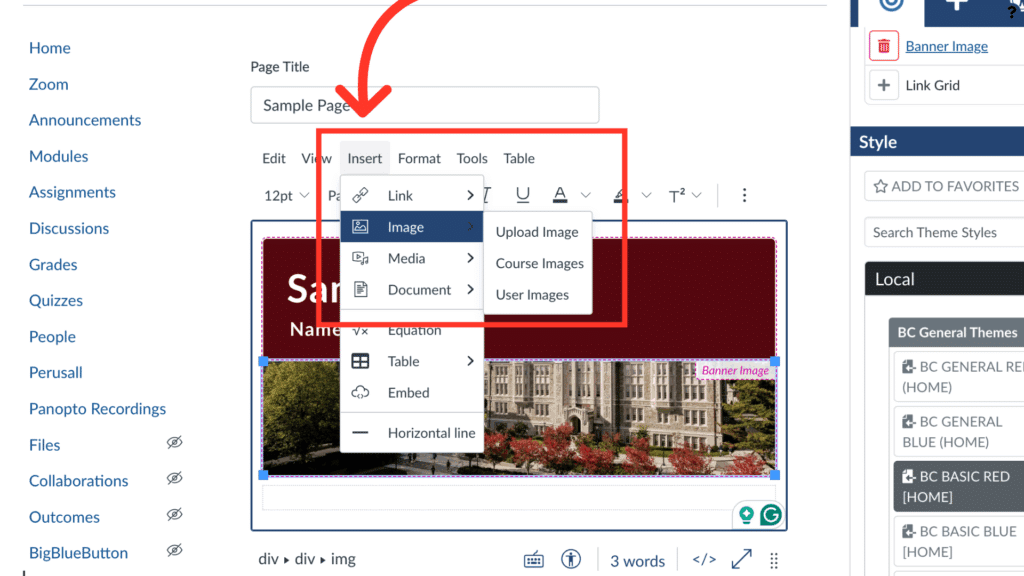 A screenshot of a webpage editor showing options to insert images and text, featuring a picture of a historic building and campus.