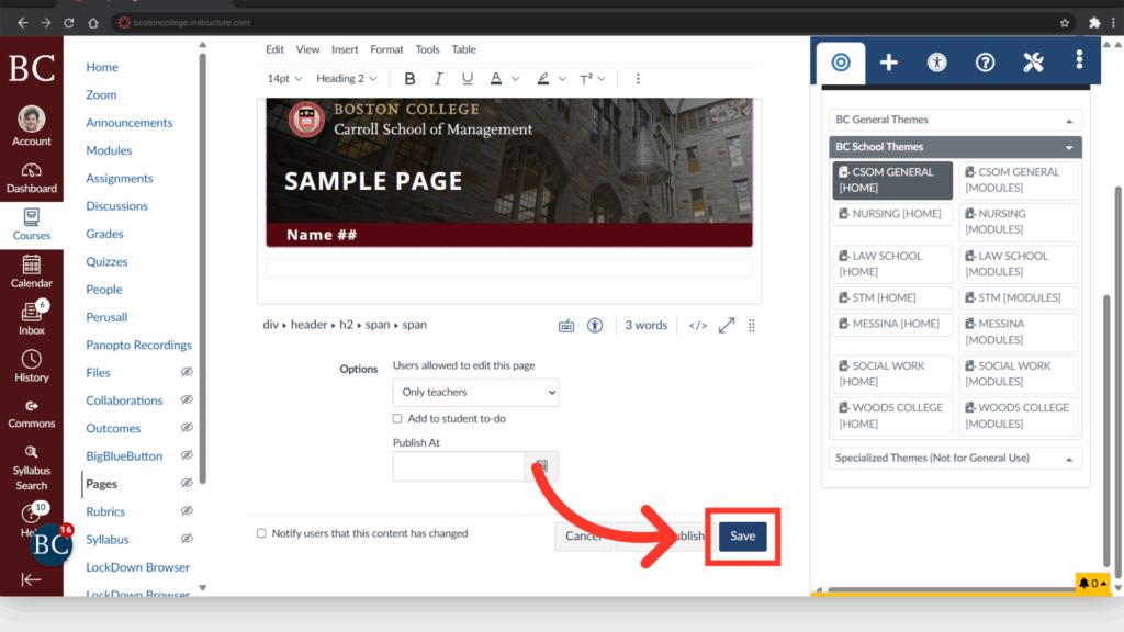 Screenshot of a WordPress page showing a Boston College Carroll School of Management template, with editing options and a highlighted "Save" button.
