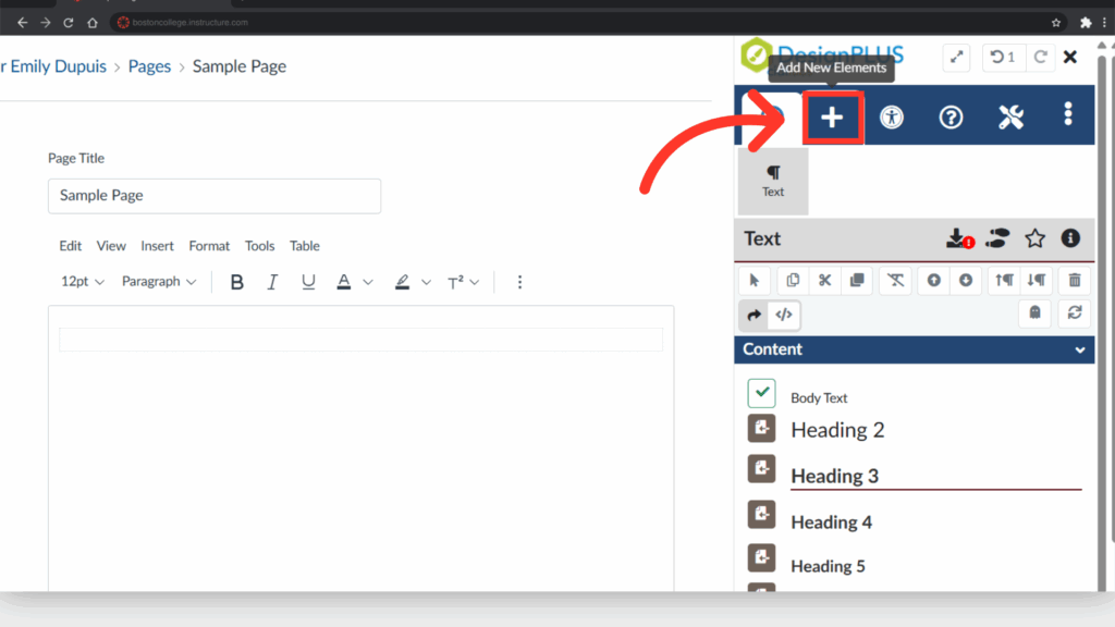 Screenshot of a webpage editor with a content management system interface, displaying text editing tools and a sidebar for adding new elements.