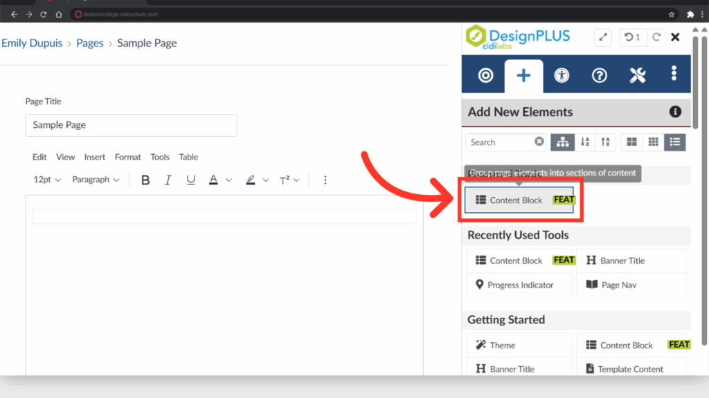 A screenshot of a webpage editor interface with editing tools on the right and a text area for "Sample Page" on the left.