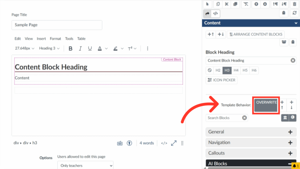Screenshot of a webpage editor interface featuring text fields and formatting options. The "Content Block" includes headings and an "OVERWRITE" button.