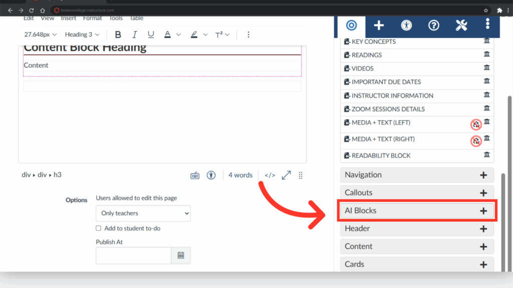 A webpage editor interface showing text editing tools, sidebar options, and an arrow pointing to "AI Blocks" for content customization.