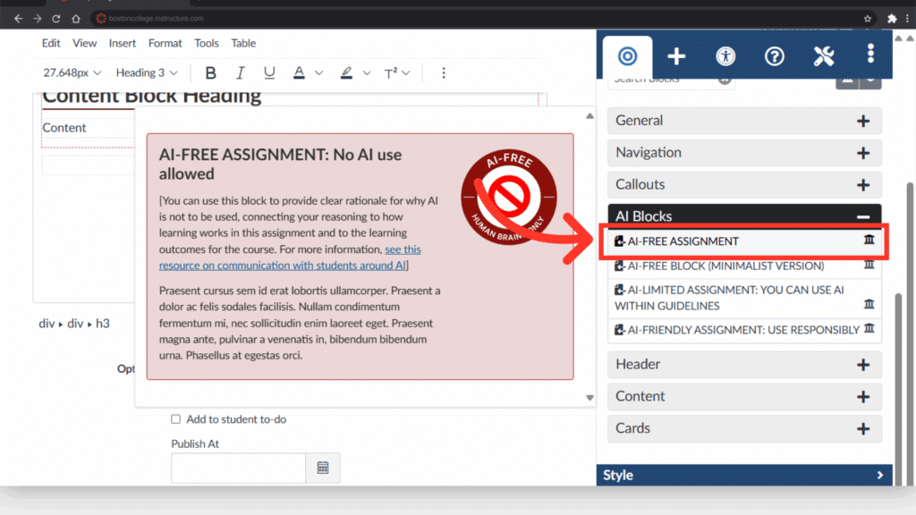 Screenshot of a website editor showing an "AI-FREE ASSIGNMENT" content block. The block warns against AI use, highlighted with a red label.