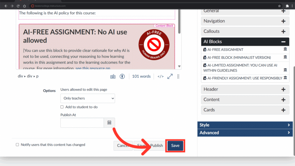 A computer screen displays a webpage about AI-free assignments. A red arrow highlights a "Save" button on an educational platform.