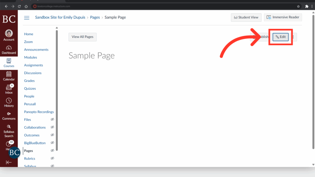Screenshot of an online course page with a visible "Edit" button highlighted. Text on page reads "Sample Page." Options include Announcements, Assignments, and Grades.