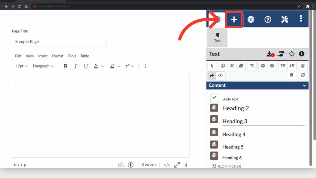 Screenshot of a webpage editing interface with a text editor and heading options. A red arrow points to a plus icon for adding elements.