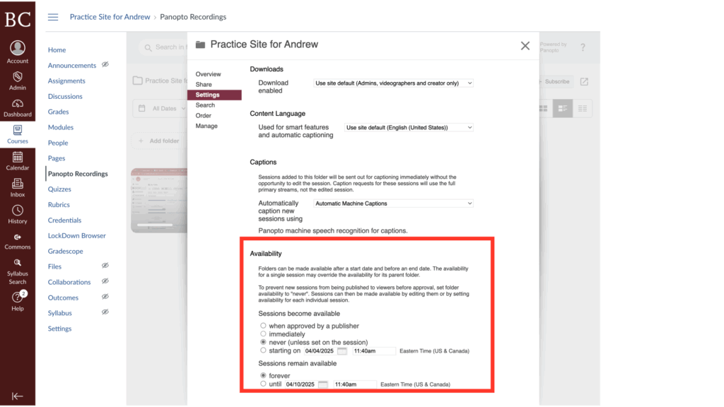 A computer screen displays a settings menu for a practice site. Options include downloads, captions, and availability. The interface is mostly white.