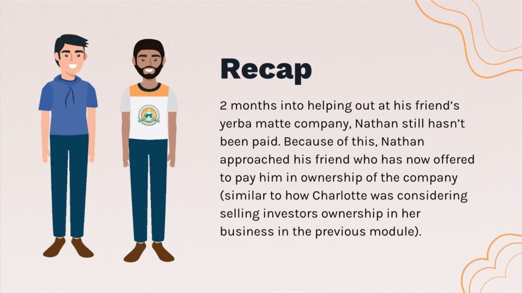 Two illustrated people stand beside text about Nathan's unpaid work at a yerba maté company, discussing receiving ownership as compensation.