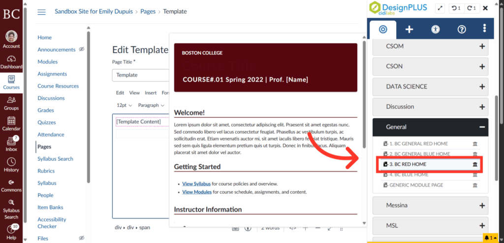 A screenshot shows a Boston College course page template being edited. A red arrow points from the 3 BC Read Home option in a sidebar menu to a course welcome message in the main editing area.