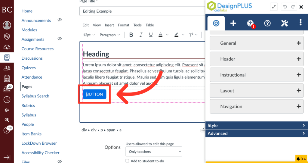 Screenshot of a webpage editor showing the word BUTTON highlighted and pointed to by a red arrow. DesignPLUS menu options are expanded on the right sidebar.