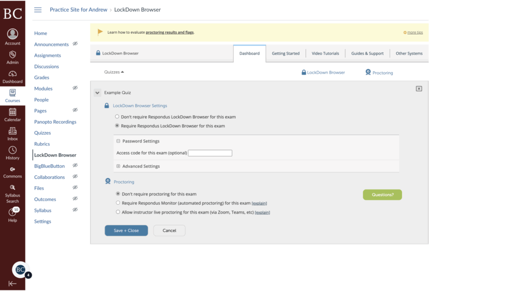 A computer screen displays the LockDown Browser settings page in a learning management system. Options for password settings, proctoring, and saving changes are visible on the page.