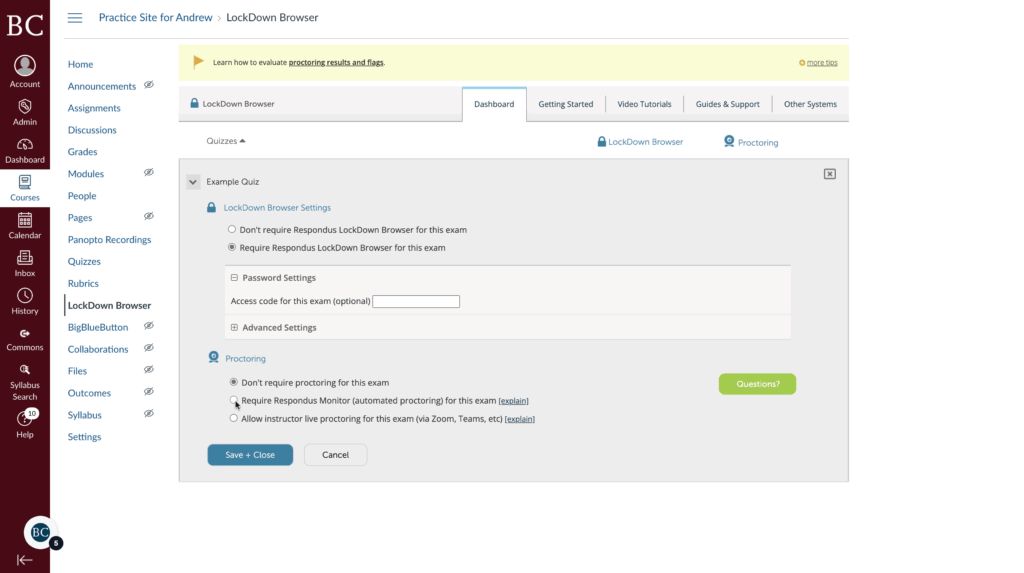 A screenshot of a Canvas course page showing LockDown Browser settings. The dashboard displays options for requiring LockDown Browser and Respondus Monitor, with save, cancel, and question buttons at the bottom.