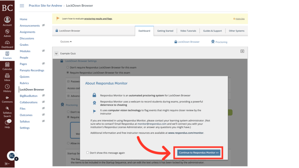 A computer screen shows a learning platform with a pop-up explaining the Respondus Monitor. An arrow points to a blue button labeled Continue to Respondus Monitor. Navigation menu is visible on the left.