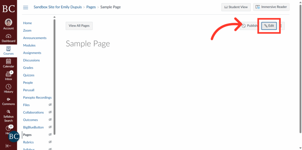 Screenshot of a Canvas course page with a red arrow pointing to the Edit button on the upper right. The left sidebar shows course navigation links. The page title is Sample Page.