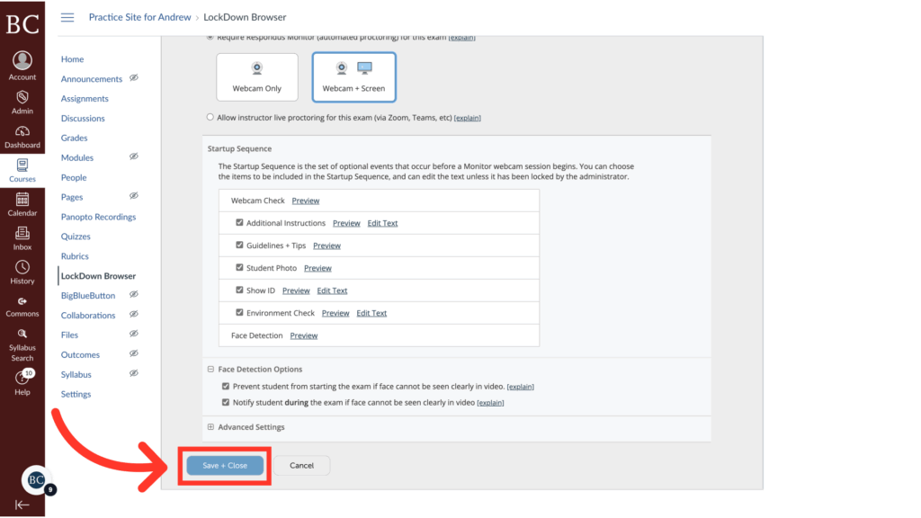 Screenshot of a web page showing LockDown Browser settings with a red arrow pointing to a blue Save + Close button at the bottom, indicating where to click to save the changes.