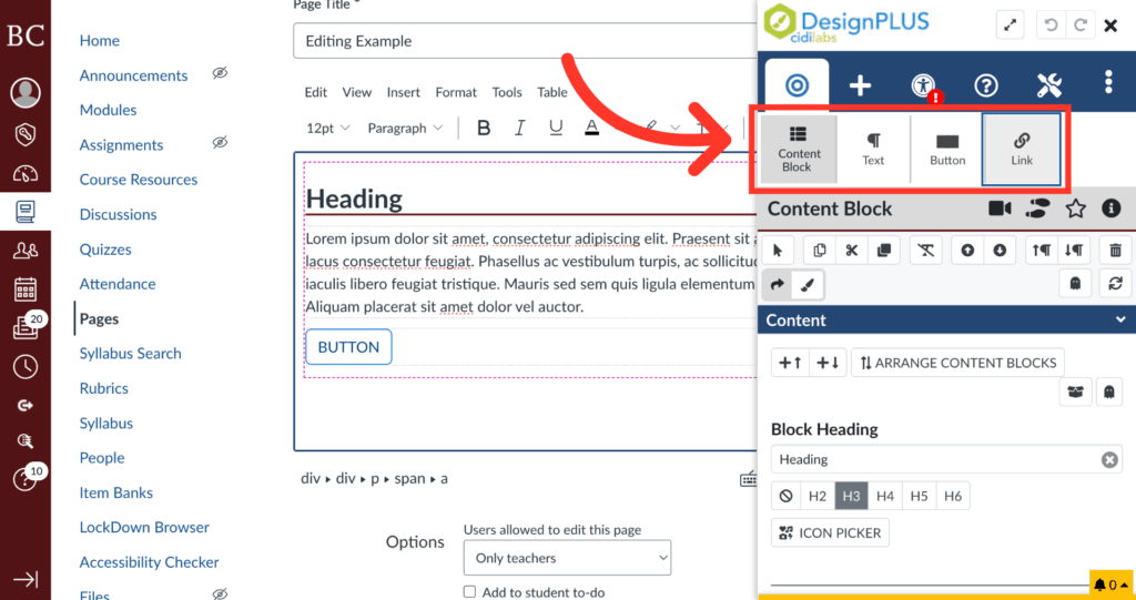 Screenshot showing a page editor with a DesignPLUS toolbar highlighted. An arrow points from a text box labeled Heading to the toolbar, which includes options for adding content blocks, text, buttons, and links.