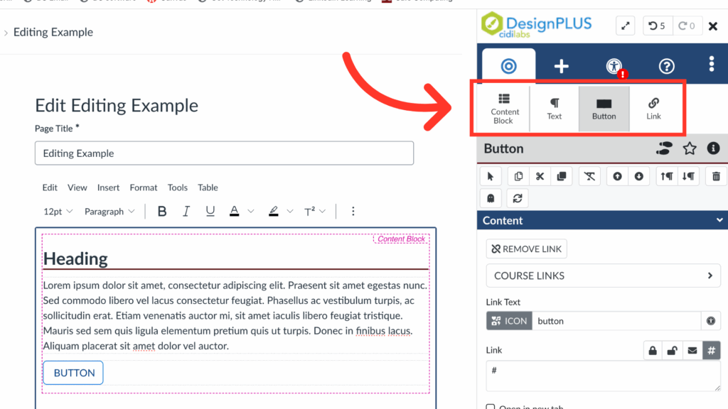 A screenshot shows a webpage editor with the Edit Editing Example page open. An arrow points to a sidebar menu where Content Block, Text, Button, and Link options are highlighted in a red box.