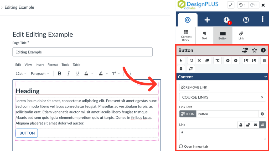 Screenshot showing a web page editor with a highlighted section for editing heading and text on the left, and a button customization panel on the right. A red arrow points from the text area to the button settings.