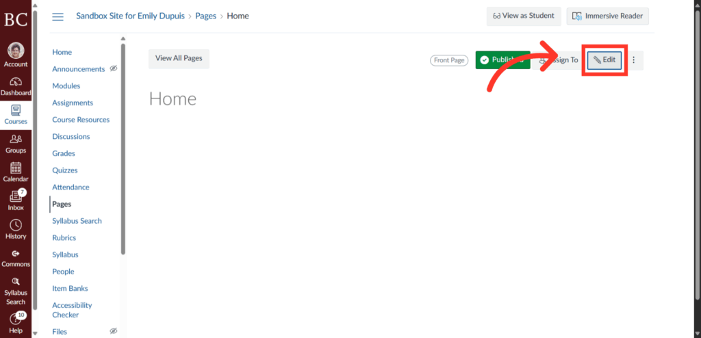 A screenshot of a Canvas course page titled Home. A red arrow points to the Edit button near the top right corner of the page, highlighting where to click to edit the page content.