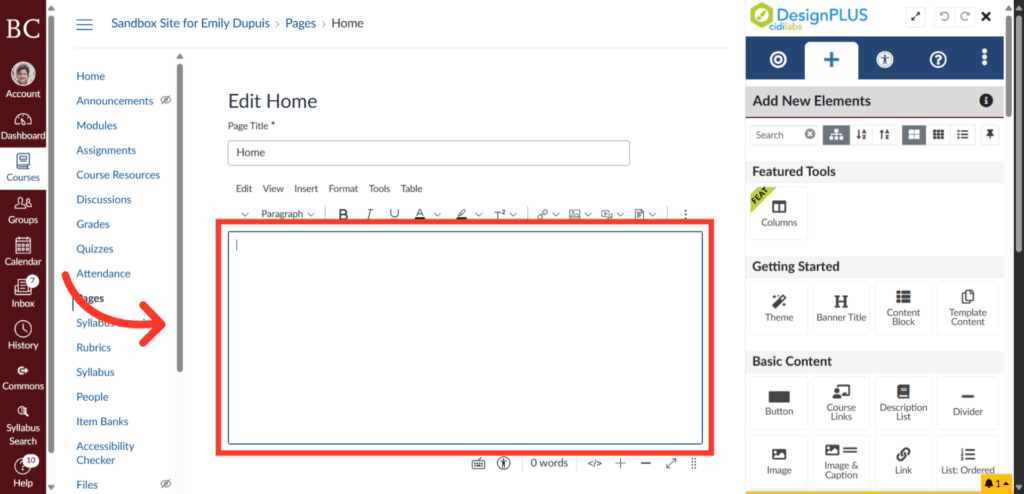 Screenshot of a web page editor with a blank text box highlighted in red. An arrow points to the text box, and various menu options are visible on the left and right sides of the screen.